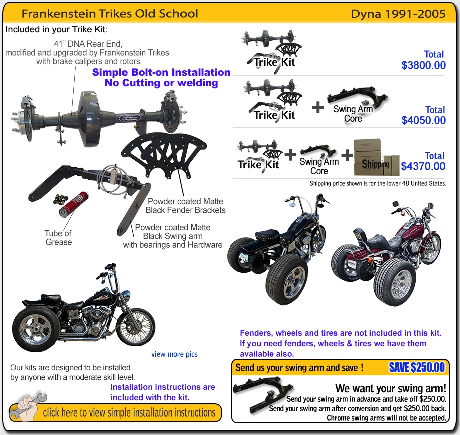 Frankenstein Trike kit for harley davidson Dyna contents and pricing 